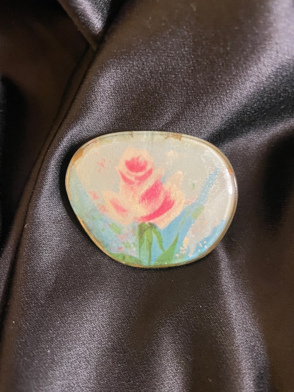 VINTAGE Hand Painted Rose on Eyeglass Lens Brooch